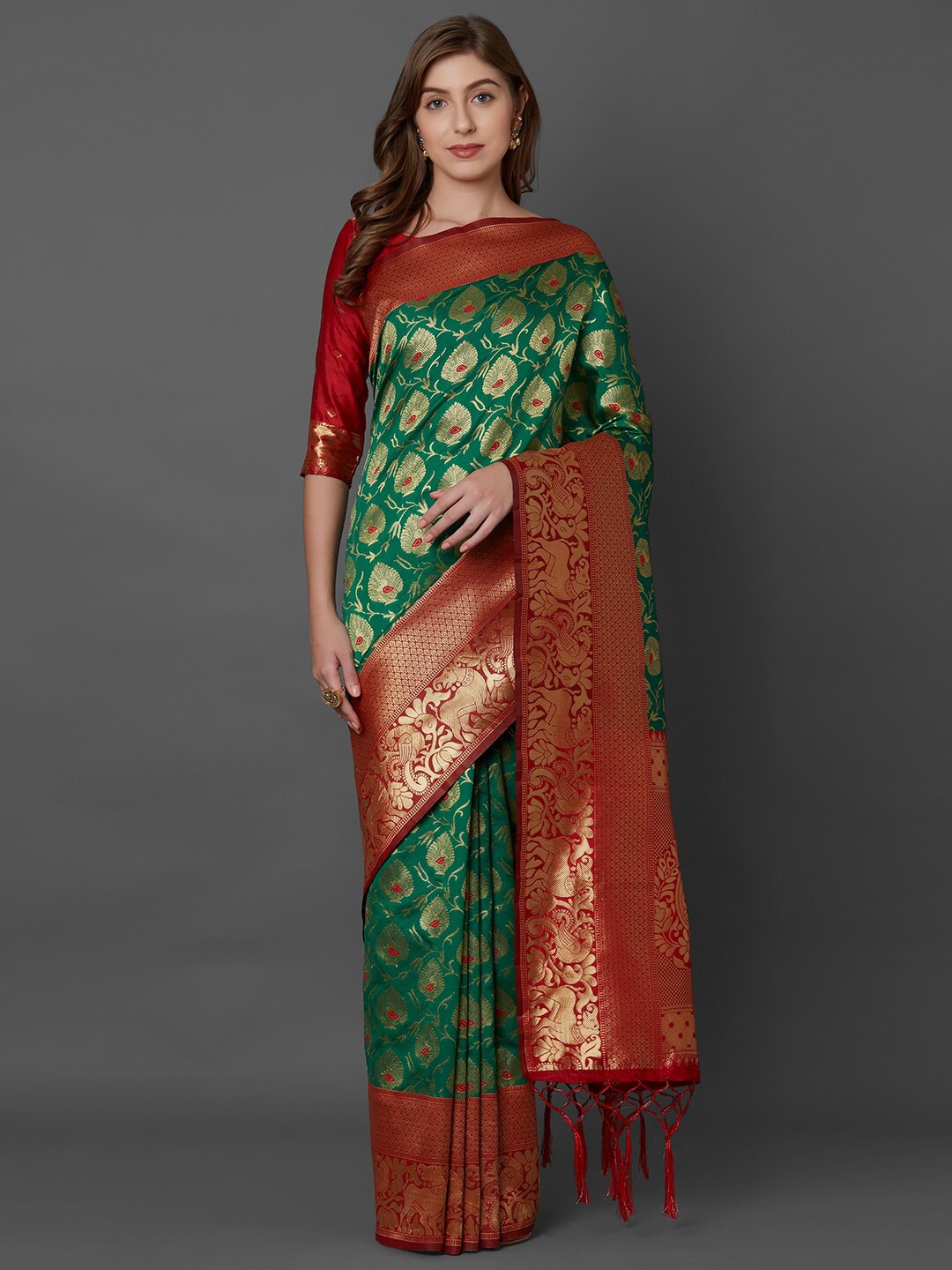 

Saree mall Green & Red Woven Design Zari Silk Blend Banarasi Sarees