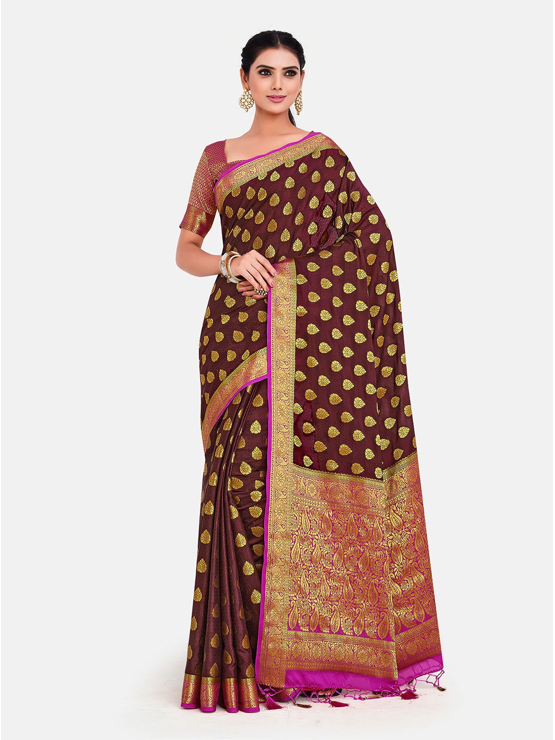 

MIMOSA Maroon & Gold-Toned Ethnic Motifs Zari Mysore Silk Saree