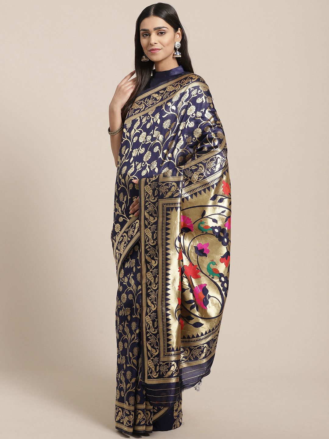 

Saree mall Navy Blue & Gold-Toned Woven Design Silk Blend Sarees