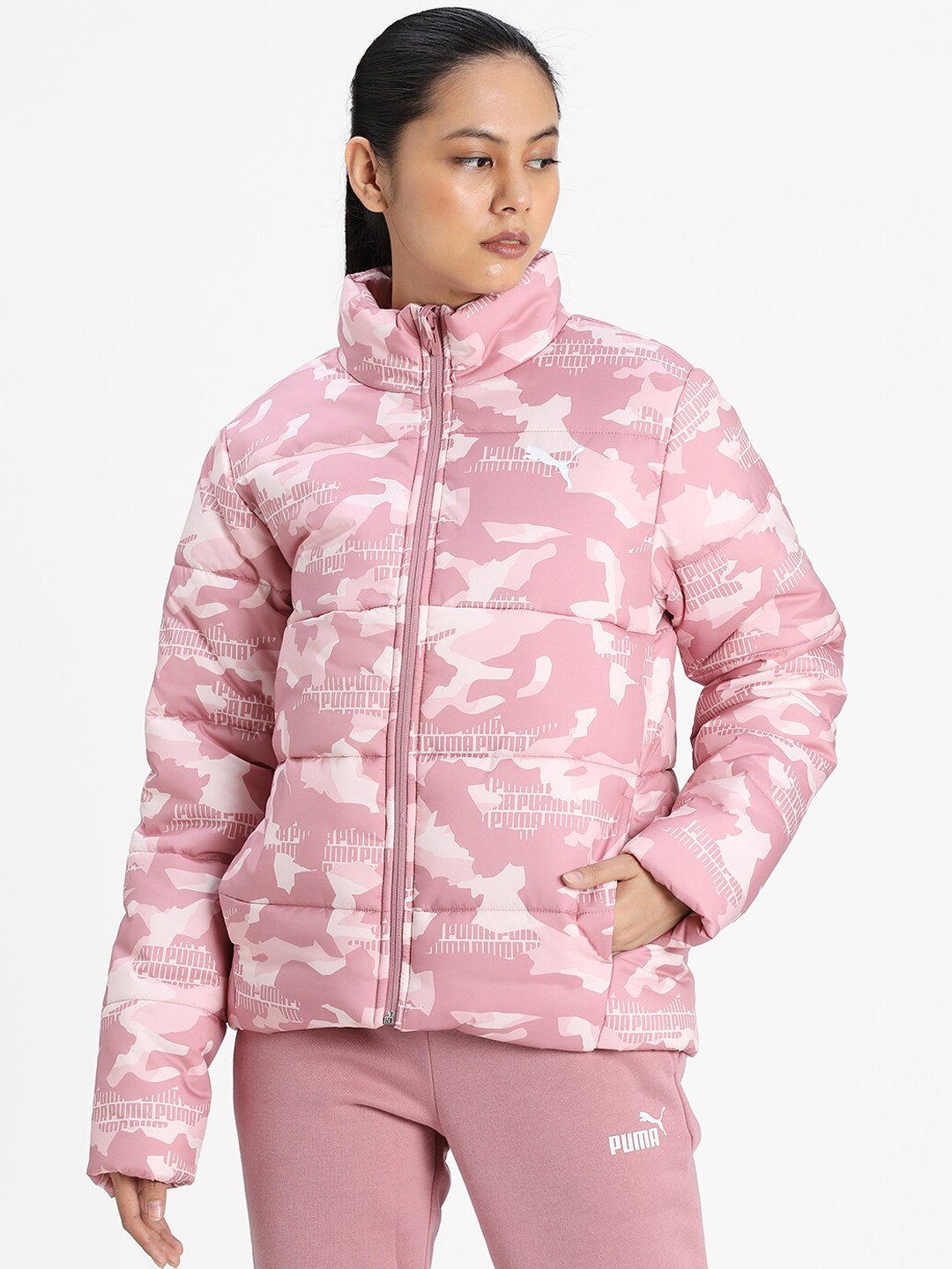 

Puma Women Pink Off White Camouflage ESS Padded Graphics Jacket
