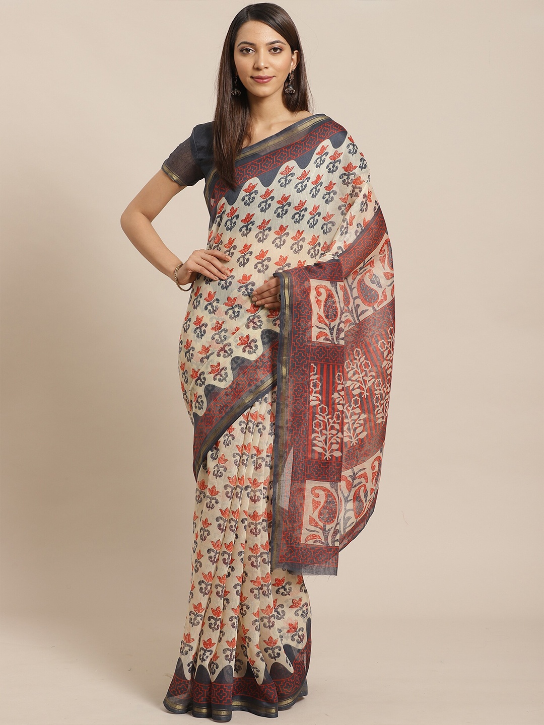 

Saree mall Beige & Orange Floral Silk Blend Sarees