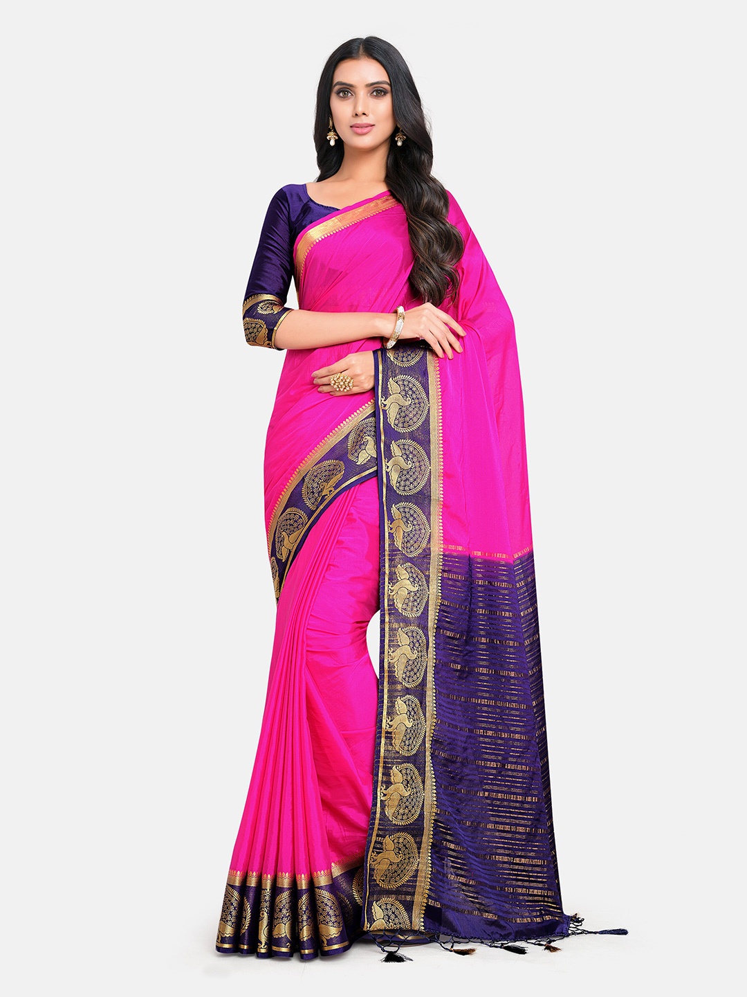 

MIMOSA Magenta & Navy Blue Zari Mysore Silk Saree, Pink