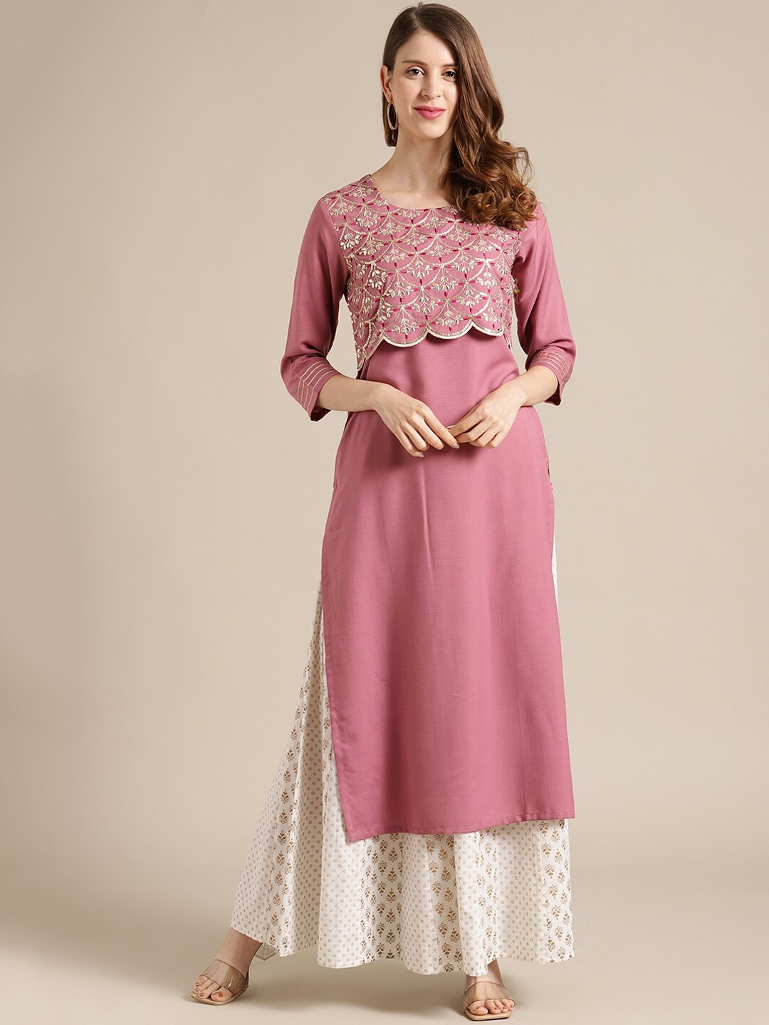 

Varanga Women Pink Yoke Design Yoke Design Flared Sleeves Thread Work Kurta