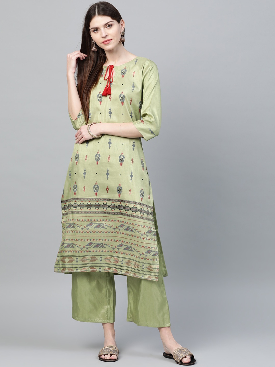 ZIYAA Women Lime Green Ethnic Motifs Printed Kurta with Palazzos