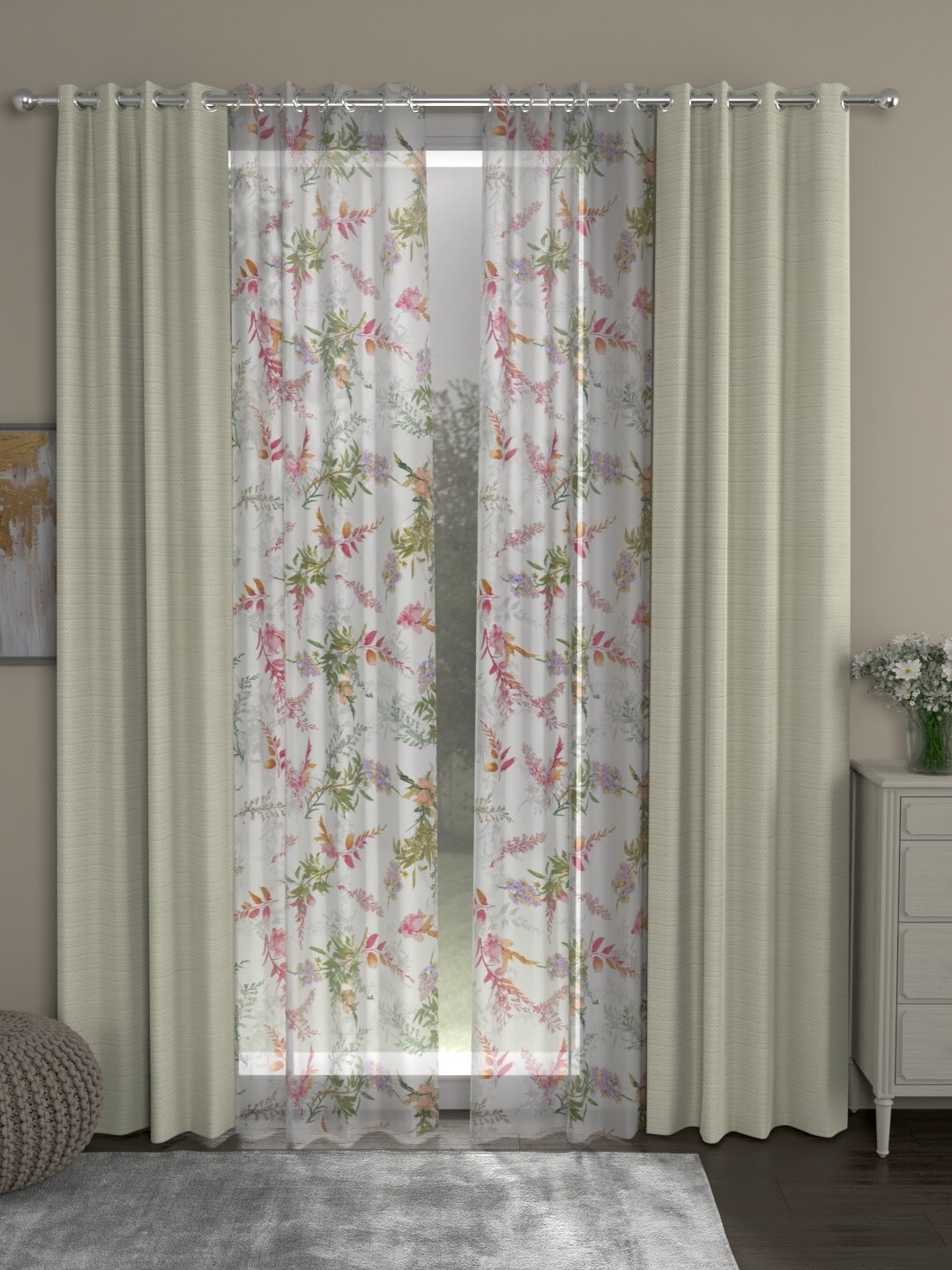 

ROSARA HOME Cream & White Set of 4 Floral Regular & Sheer Door Curtain