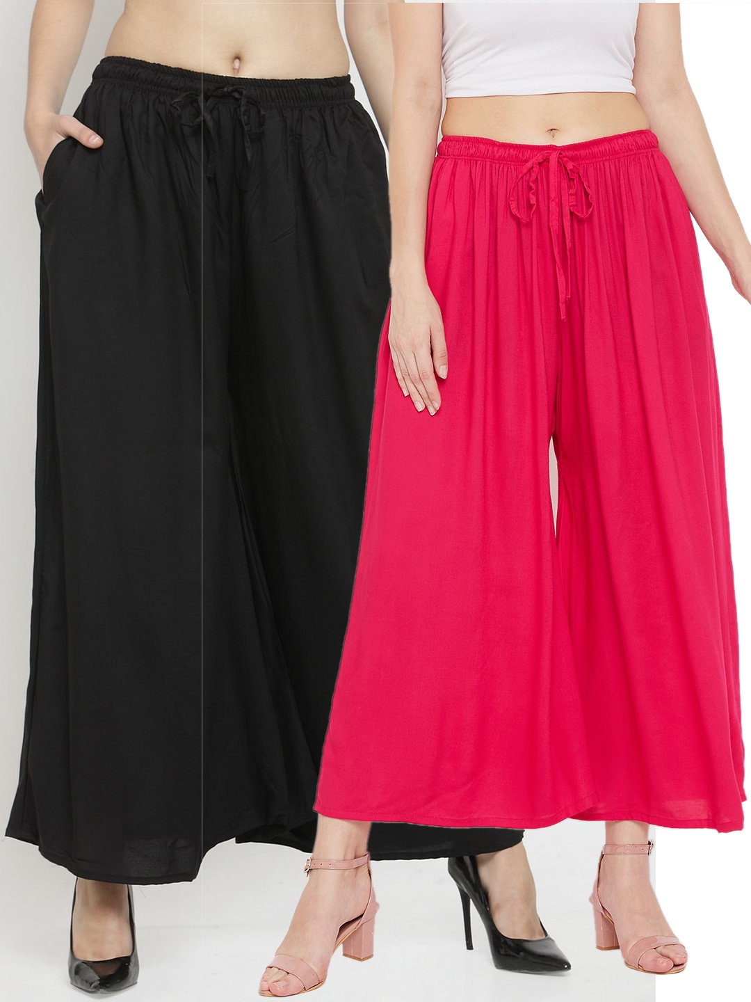 

Clora Creation Women Pack of 2 Black & Magenta Flared Knitted Palazzos