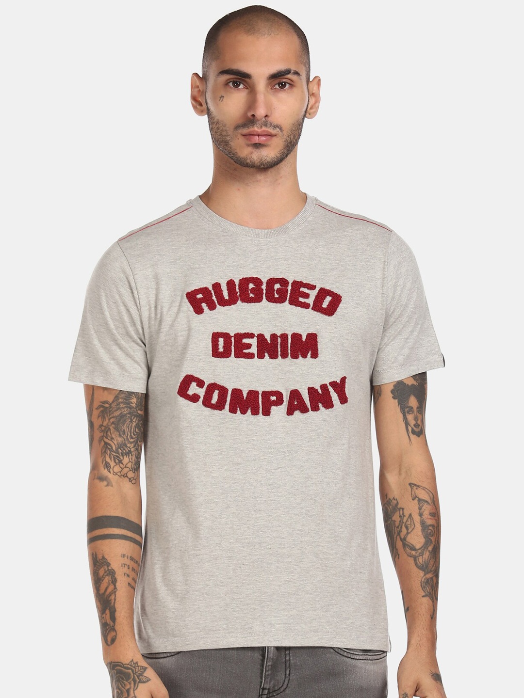 

Cherokee Men Grey Melange Typography Applique Printed T-shirt