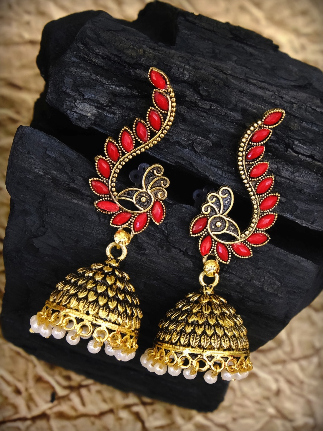 

Crunchy Fashion Red Gold Plated Dome Shaped Jhumkas Earrings