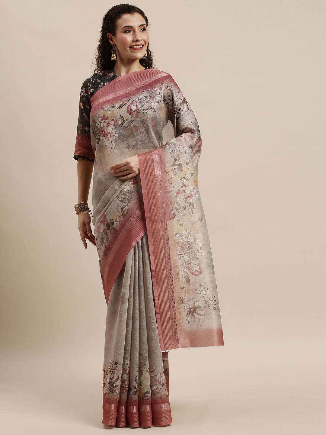 Kvsfab Beige & Pink Floral Silk Cotton Saree