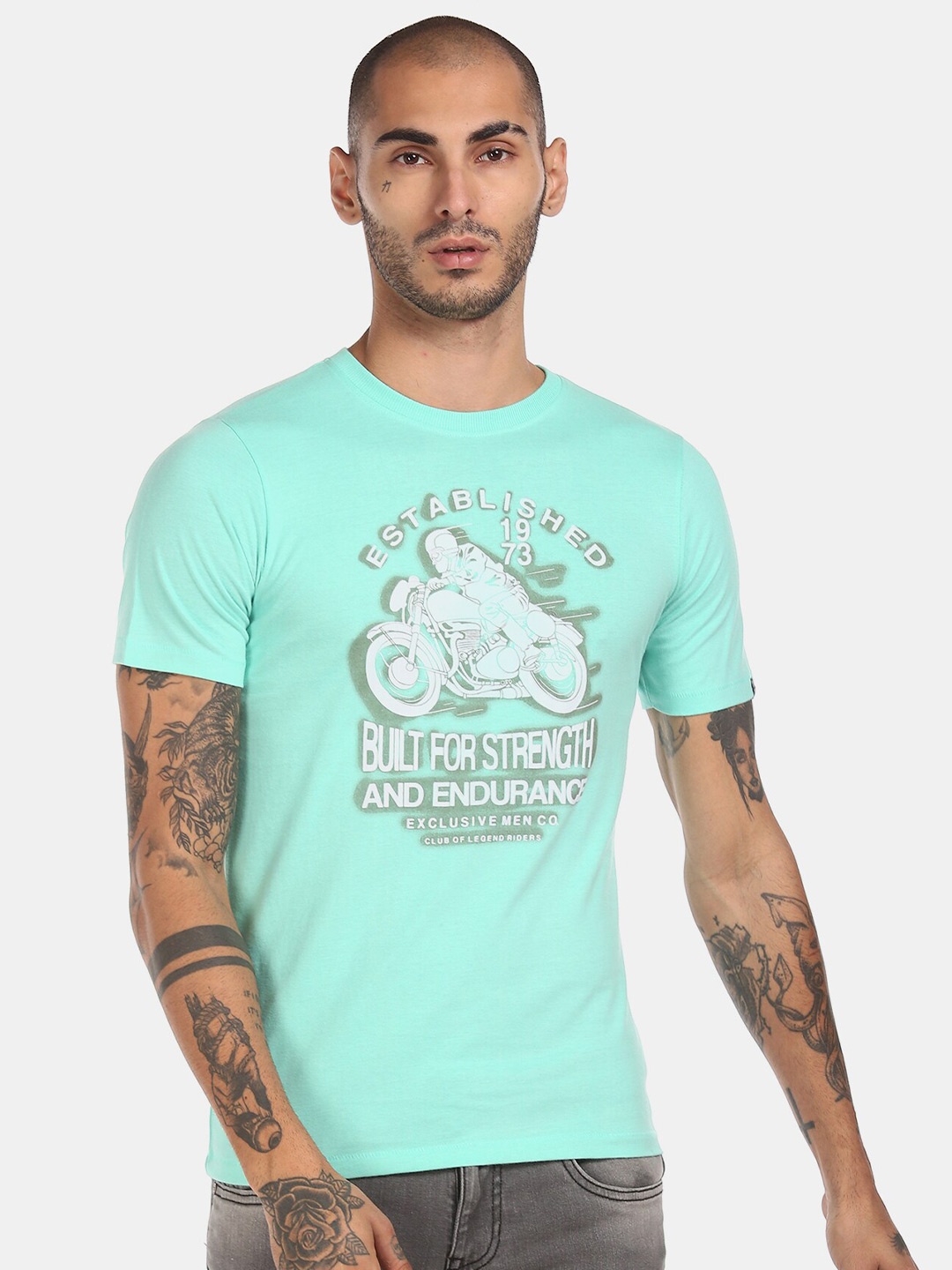 

Cherokee Men Green Biker Printed T-shirt