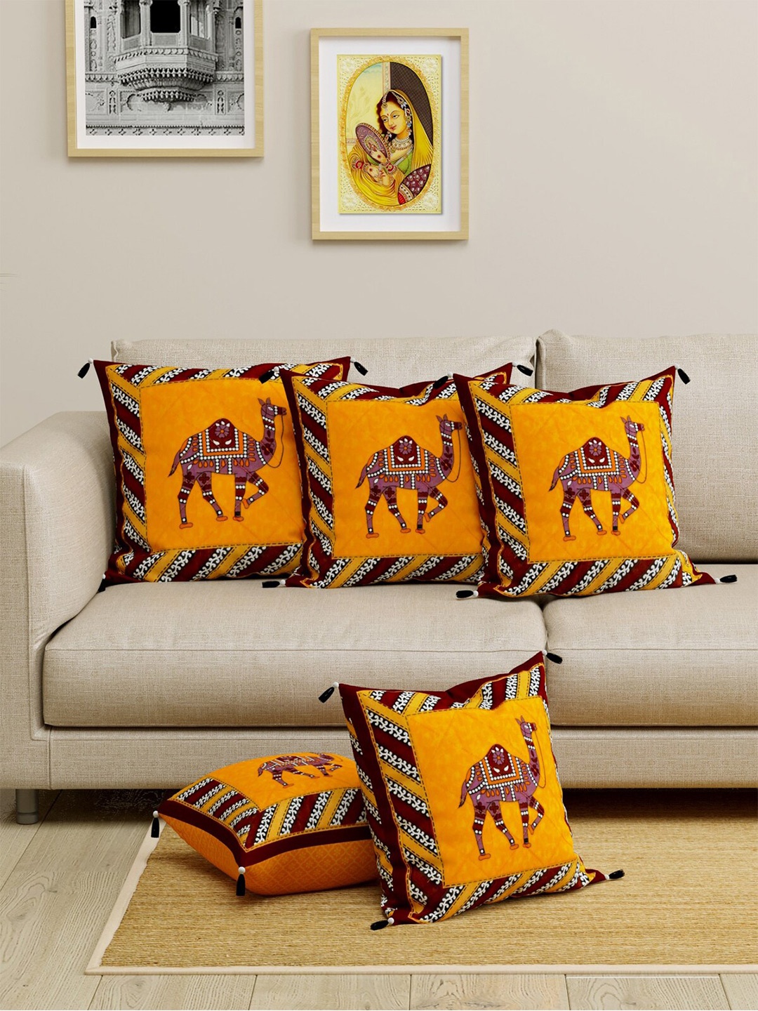

LIVING ROOTS Yellow & Brown Set of 5 Ethnic Motifs Square Cushion Covers