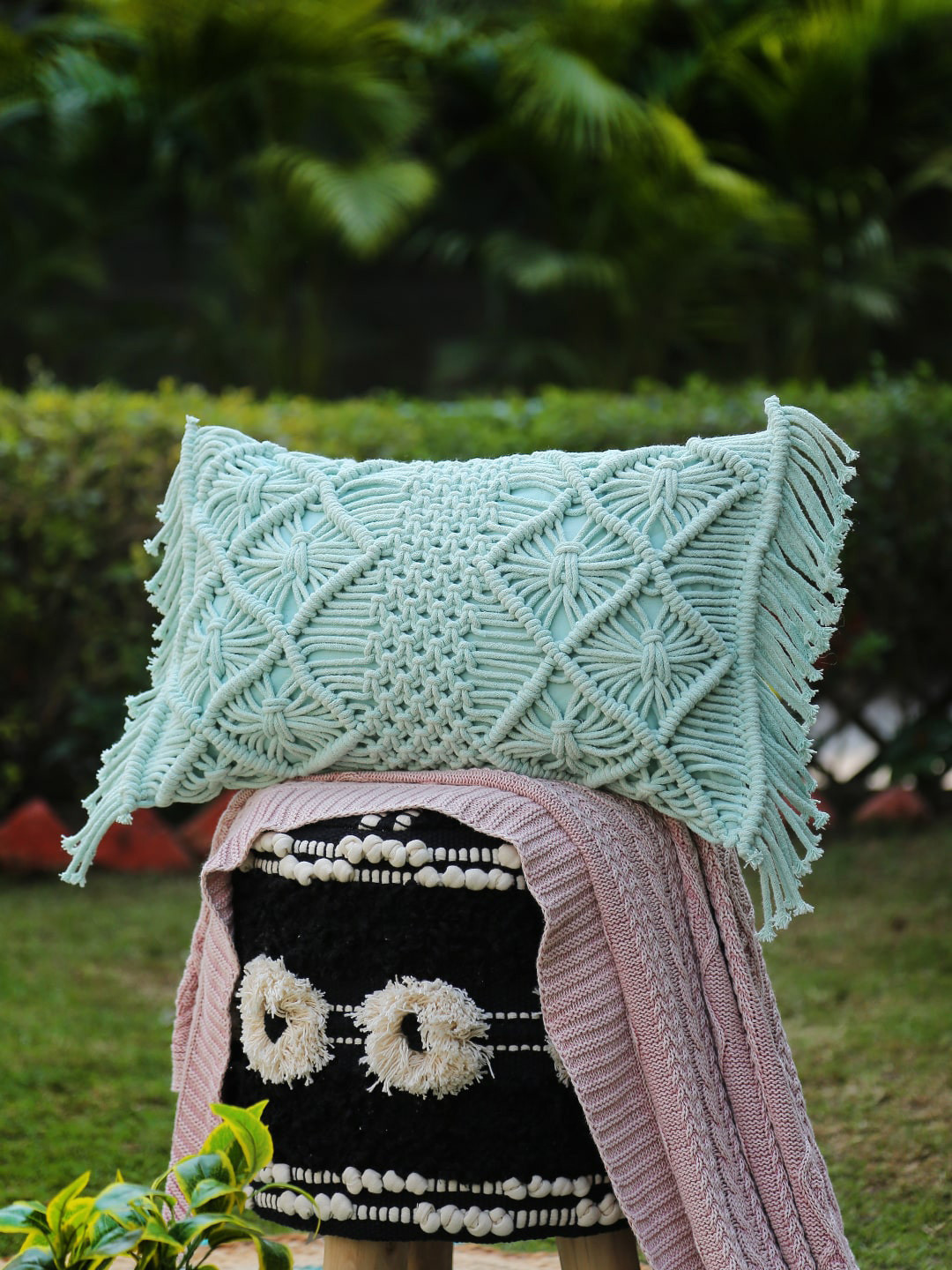 

Amoliconcepts Green Embroidered Rectangle Cushion Cover with Fringes