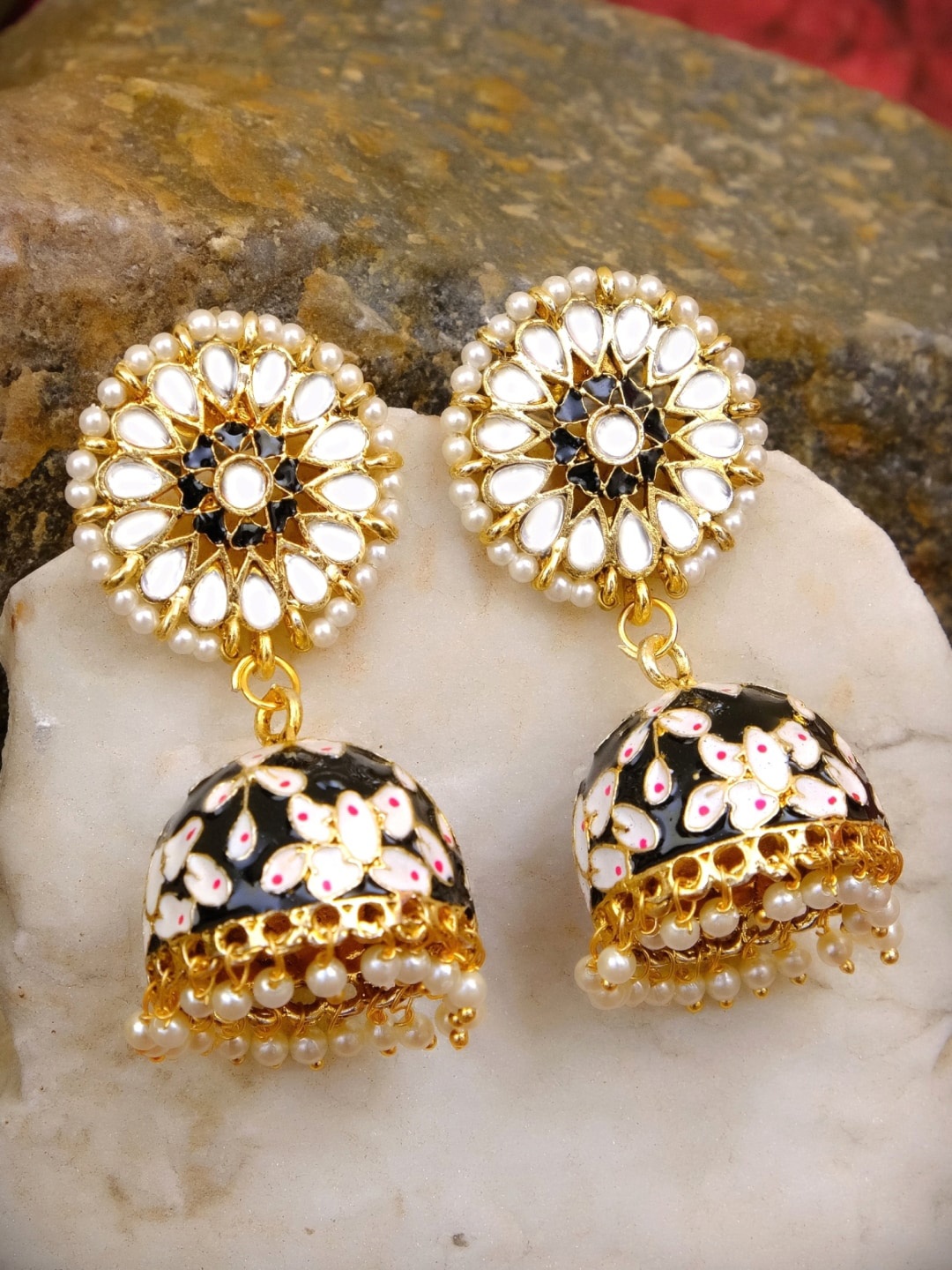 

Crunchy Fashion Gold & White Dome Shaped Jhumkas Earrings