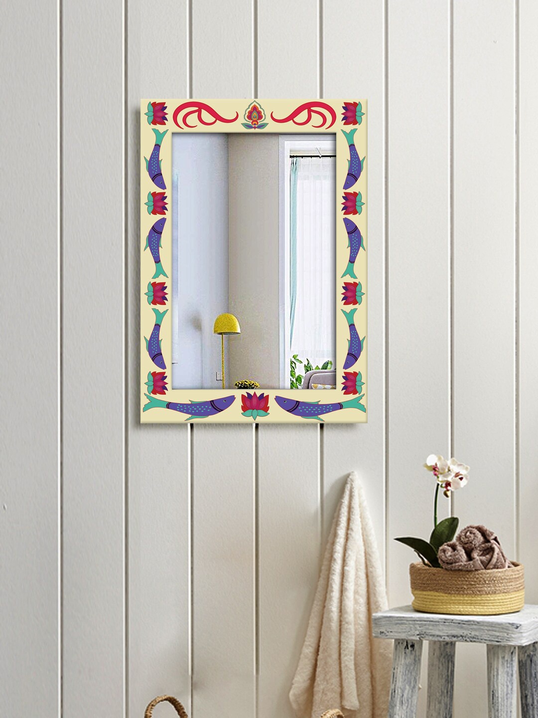 

999Store Navy Blue & Beige Printed Wall Hanging Mirror