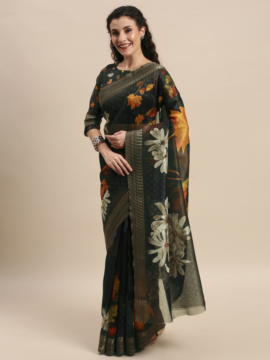 Kvsfab Black & Mustard Floral Silk Cotton Saree
