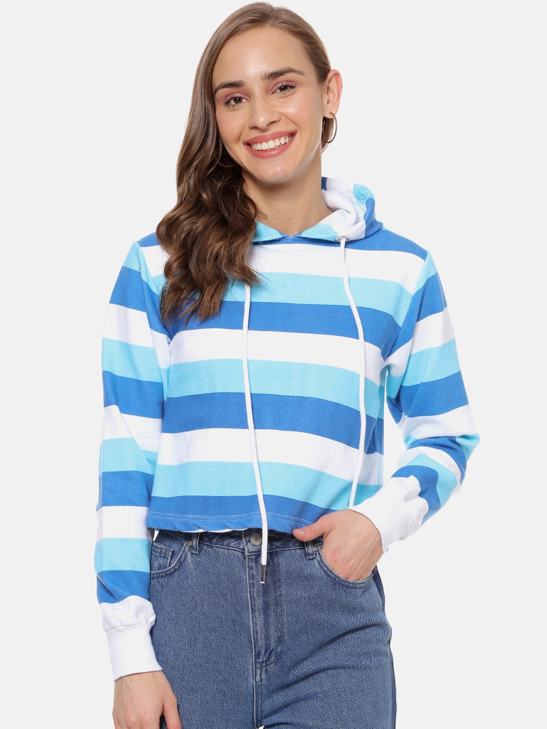 

Campus Sutra Women Blue Colourblocked Hooded Sweatshirt