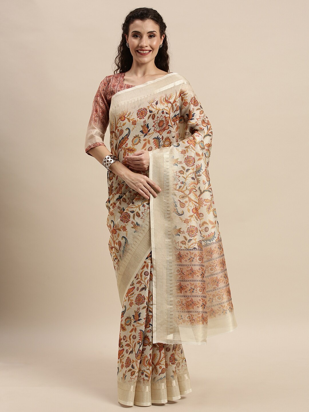 

Kvsfab Beige Ethnic Motifs Silk Cotton Saree