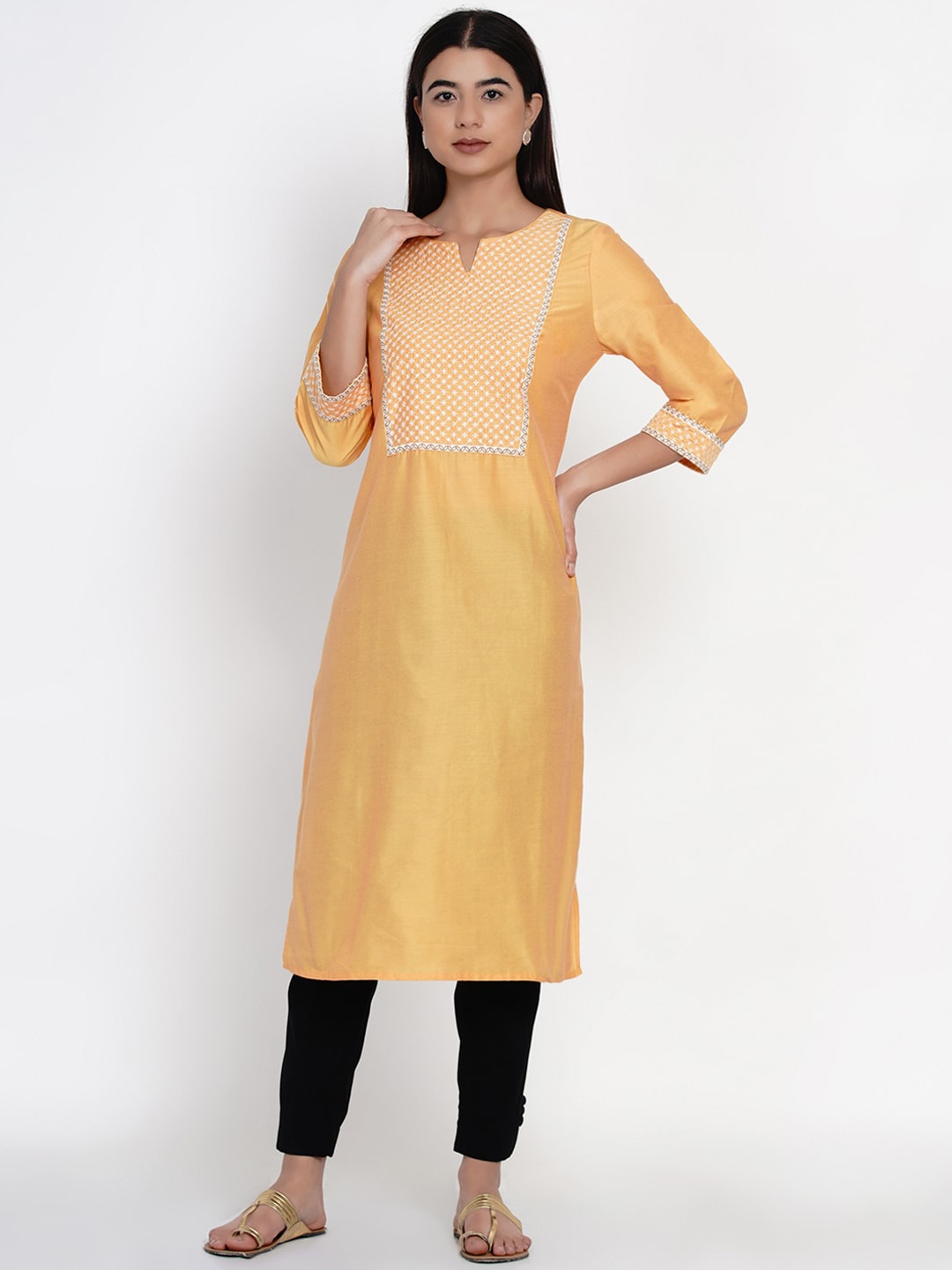 

IX IMPRESSION Women Yellow Geometric Yoke Design Keyhole Neck Thread Work Kurta