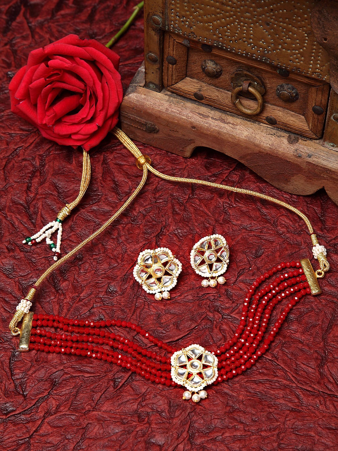 

Moedbuille Gold-Plated Red Kundan-Studded & Pearl-Beaded Handcrafted Jewellery Set