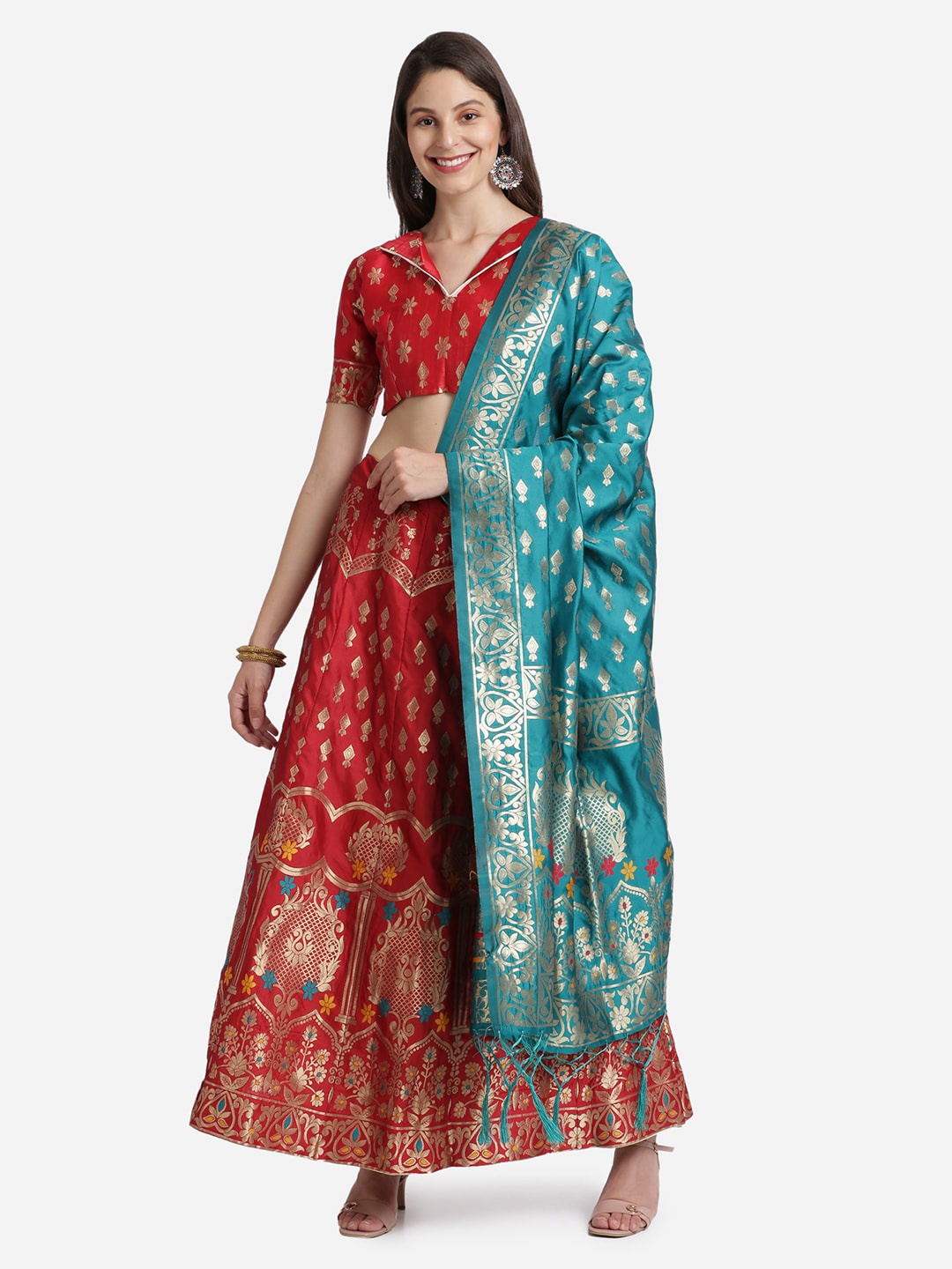 

Mitera Women Red Woven Design Raw Silk Lahenga Choli