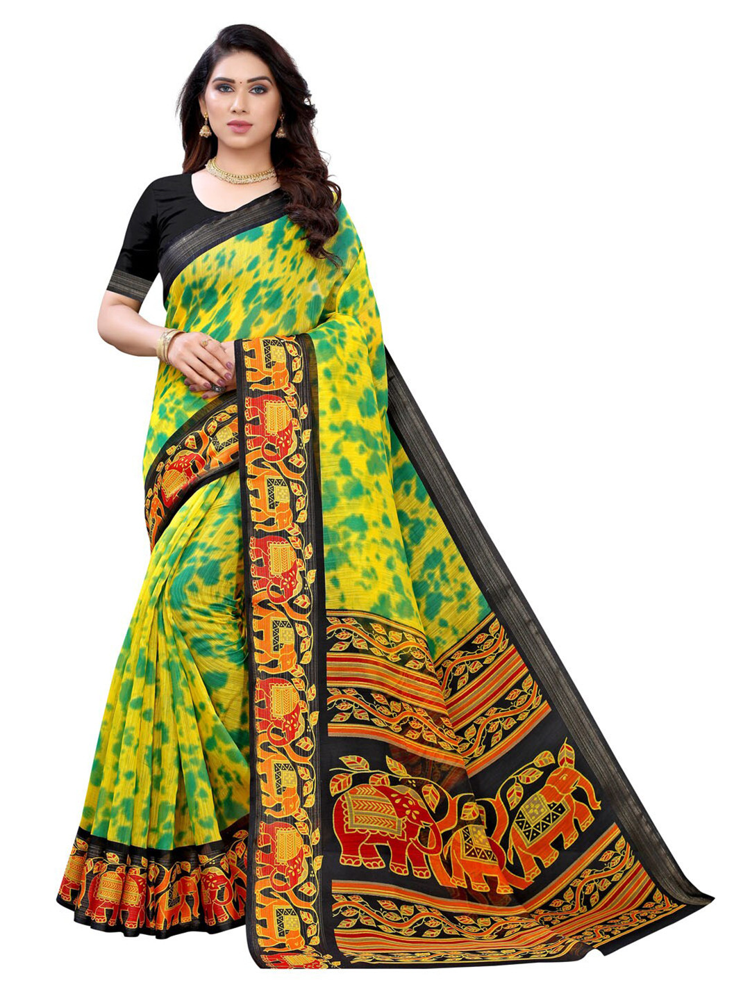 

KALINI Lime Green & Black Printed Saree