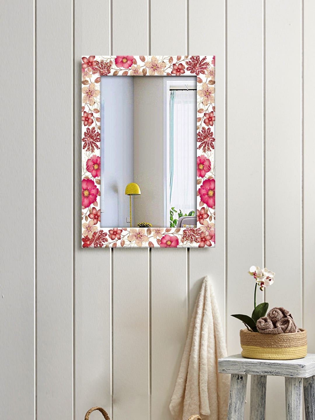 

999Store White & Red Decorative Daisy Flower And Tree Wall Hanging Mirror