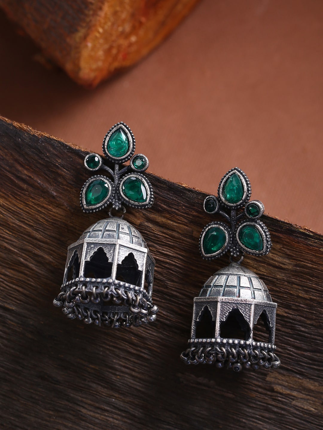 

THE AAB STUDIO Silver-Plated & Green Dome Shaped Jhumkas