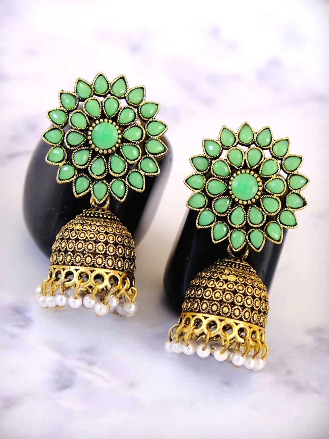 

Crunchy Fashion Green & Gold-Toned Floral Jhumkas Earrings