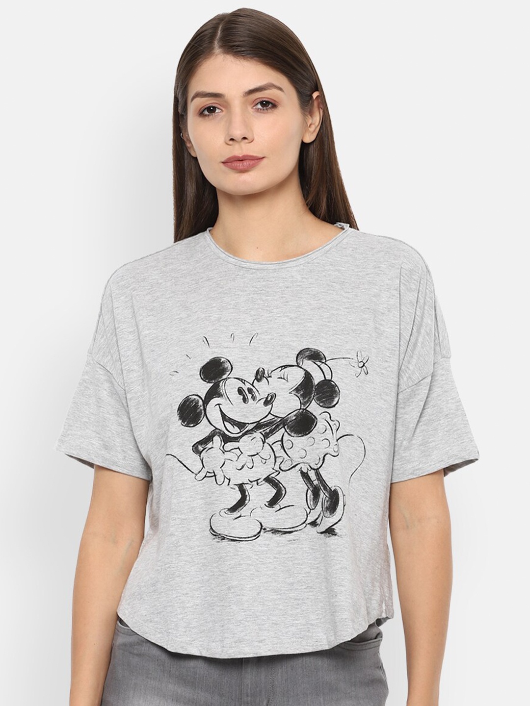

Van Heusen Woman Women Grey Mickey & Minnie Printed Cotton T-shirt