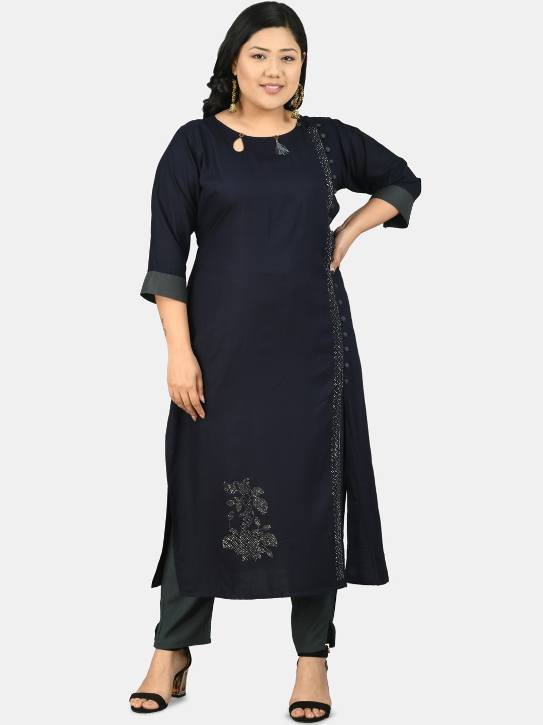 

PrettyPlus by Desinoor.com Women Navy Blue Kurta with Trousers