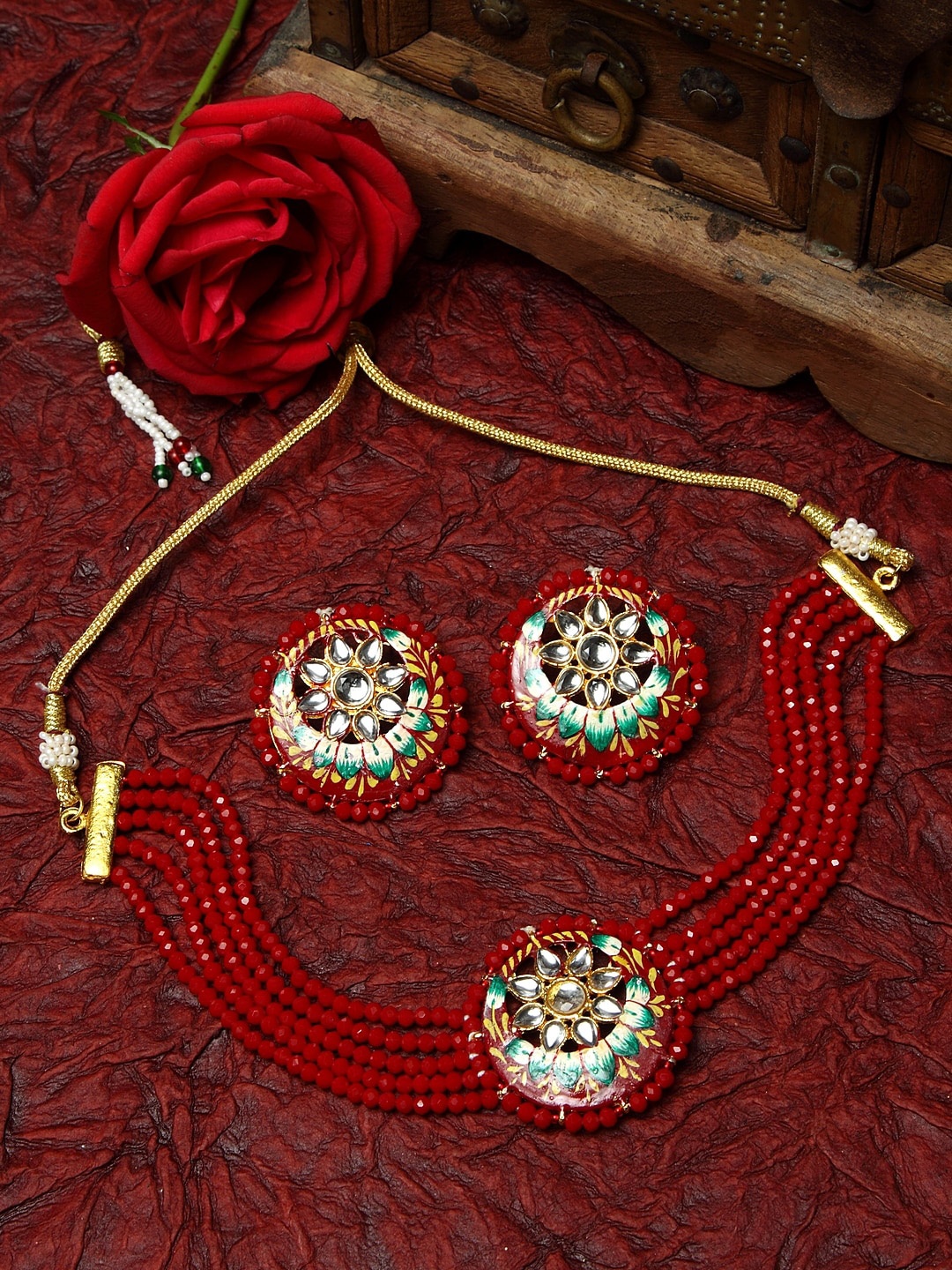 

Moedbuille Gold-Plated Red & White Onyx & Kundan-Studded Meenakari Jewellery Set
