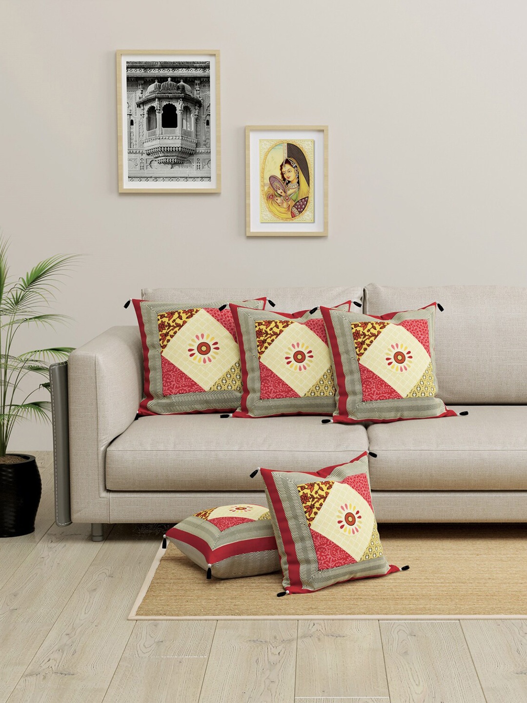 

LIVING ROOTS Cream & Black Set of 5 Ethnic Motifs Square Cushion Covers