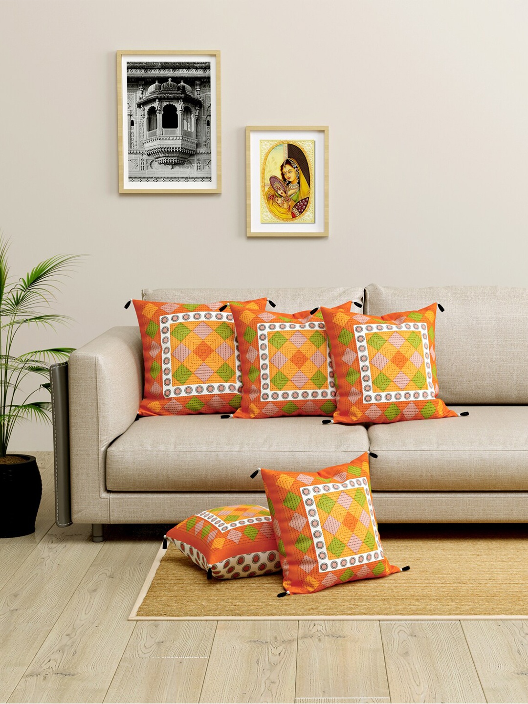 

LIVING ROOTS Set Of 5 Orange & Green Ethnic Motifs Square Cushion Covers