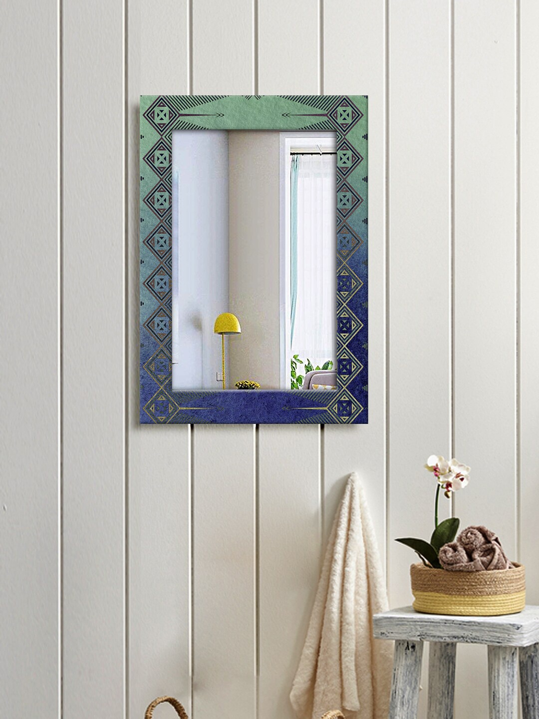 

999Store Teal Green & Blue ZigZag Pattren Abstruck MDF Wall Hanging Mirror
