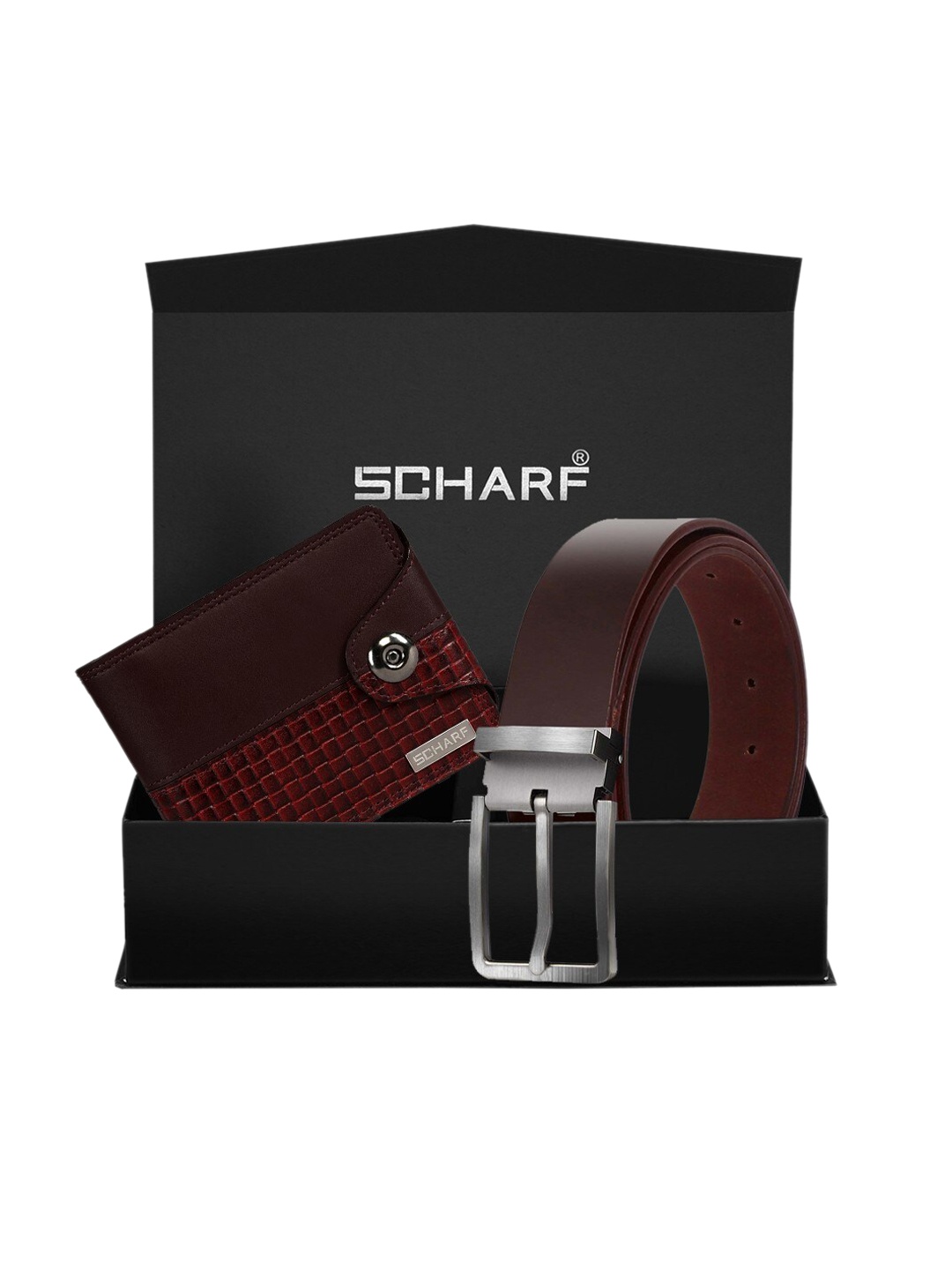 

SCHARF Men Brown & Maroon Textured Leather Belt & Wallet Combo Gift Set