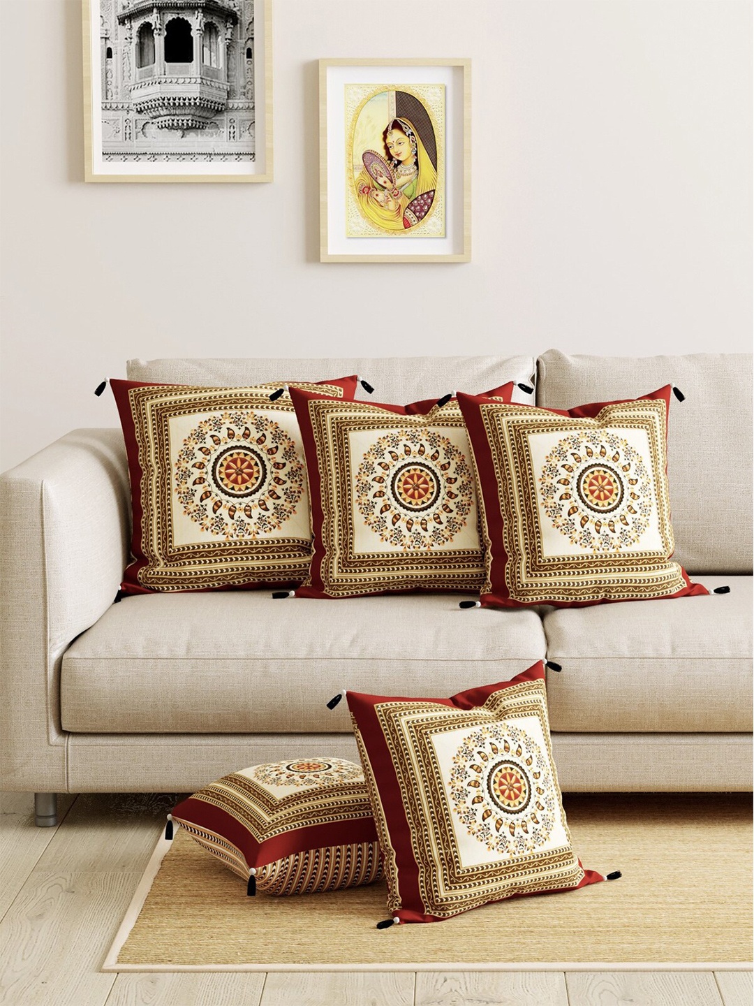 

LIVING ROOTS White & Brown Set of 5 Ethnic Motifs Square Cushion Covers