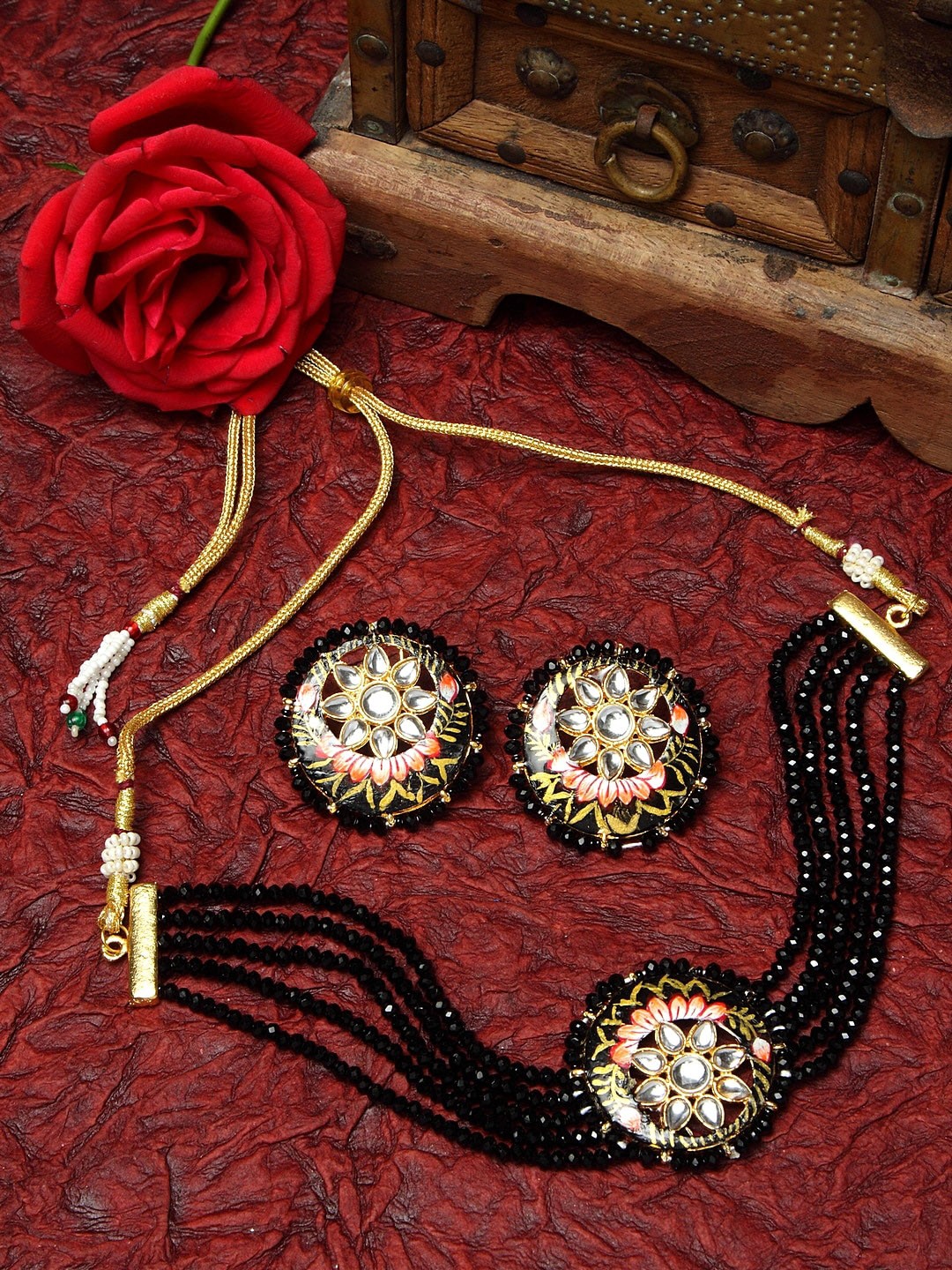 

Moedbuille Gold-Plated Black & White Kundan Onyx Studded Beaded Handcrafted Jewellery Set