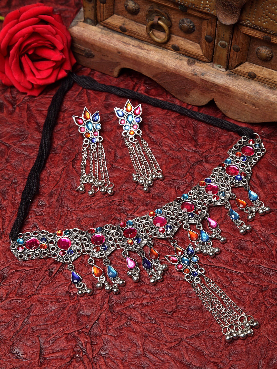 

Moedbuille Silver-Plated Blue & Pink Stone-Studded Tasselled Handcrafted Afghan Jewellery Set