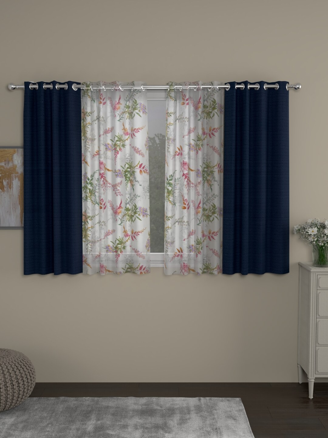 

ROSARA HOME Navy Blue & Off White Set of 4 Floral Window Curtains
