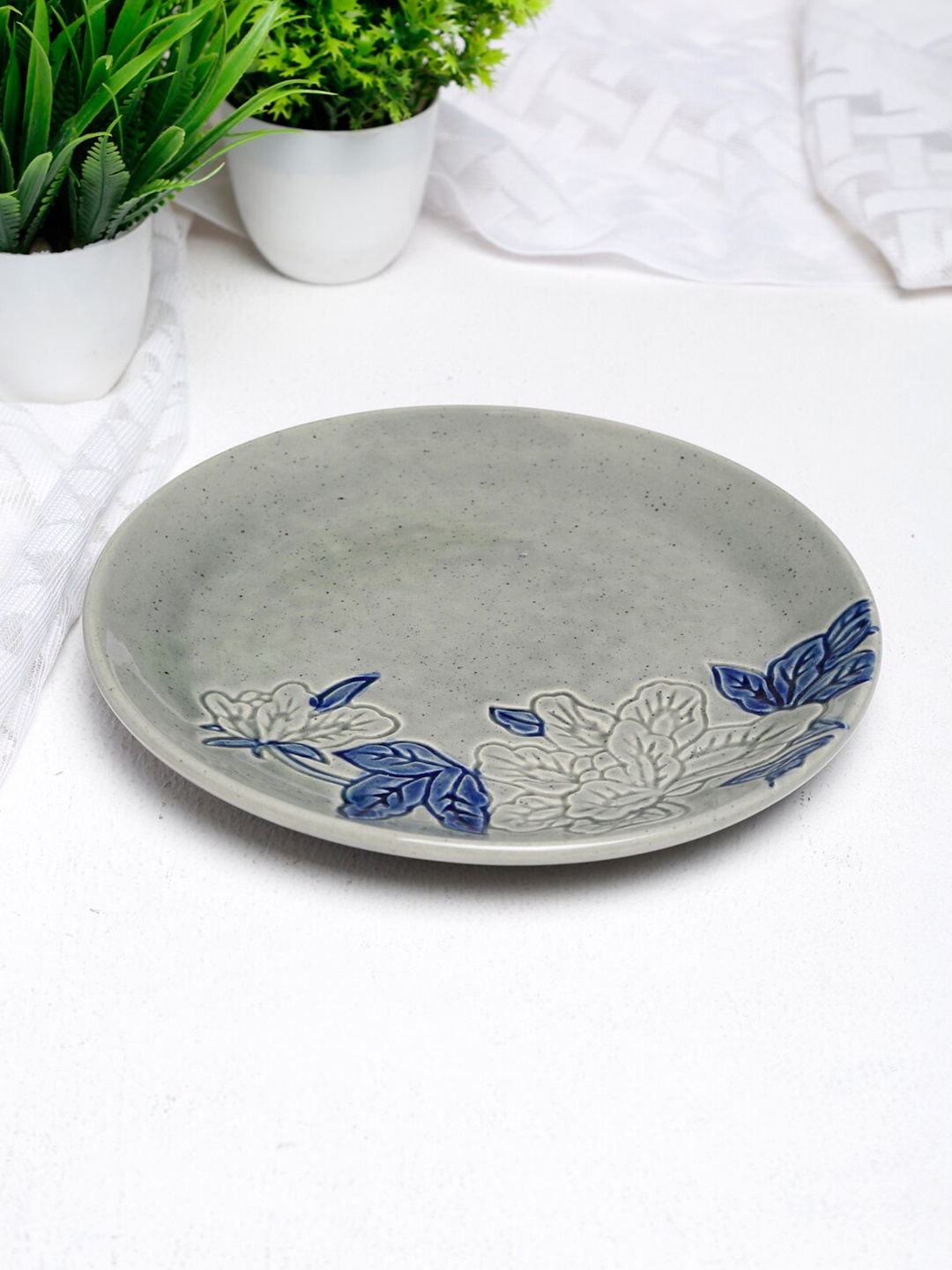 Fabindia Grey & Blue 1 Pieces Hand Painted Printed Ceramic Glossy Plates