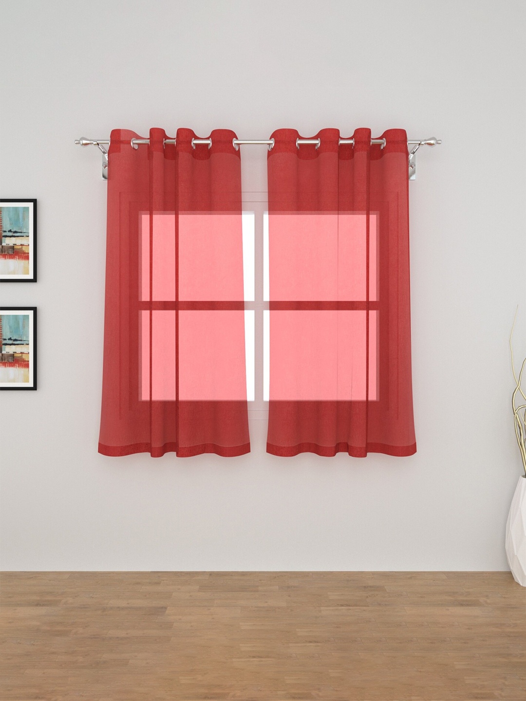 

Home Centre Red & White Set of 2 Geometric Sheer Window Curtain