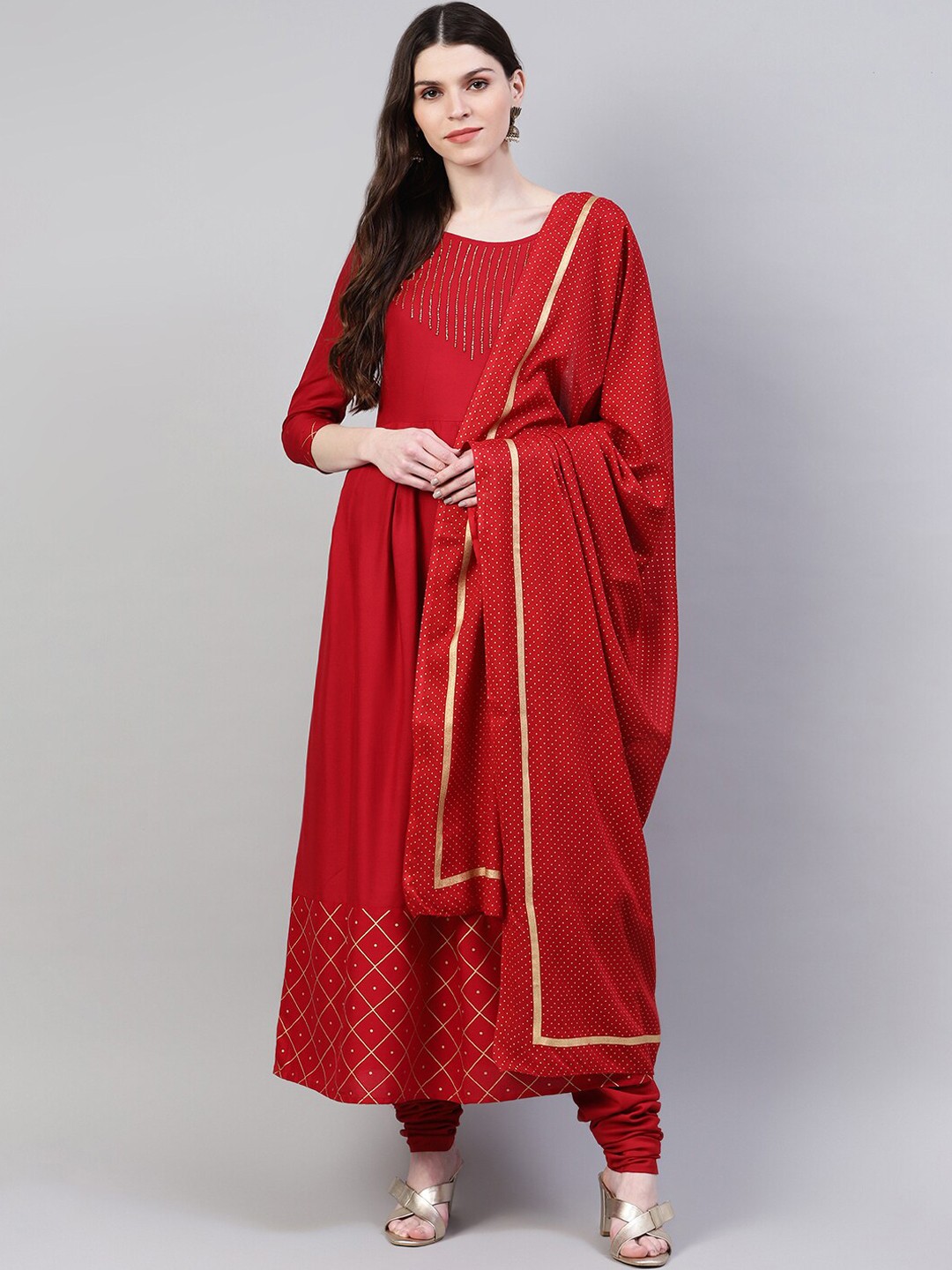

Stylum Women Maroon Beads Embellished Anarkali Kurta with Dupatta