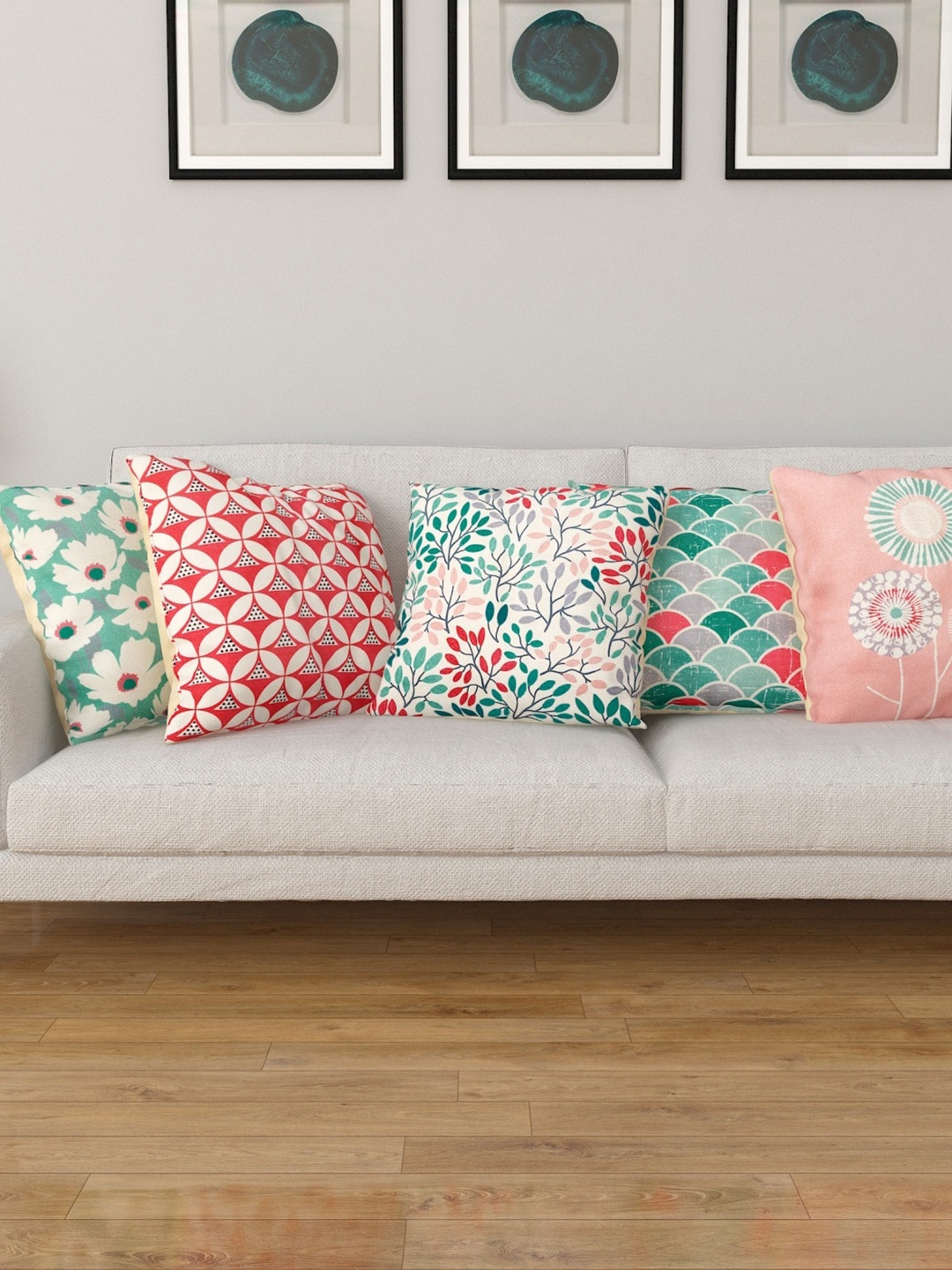 

Home Centre Peach & Green Set of 5 Floral Square Cushion Covers