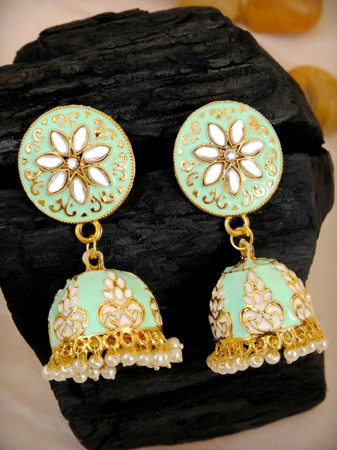 

Crunchy Fashion Sea Green Gold-Plated Handcrafted Dome Shaped Jhumkas Earrings