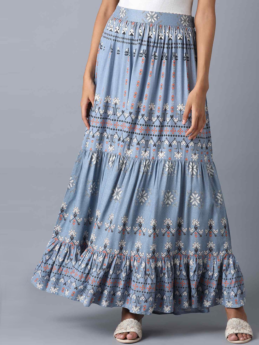 

W Women Blue & White Printed Maxi Skirt