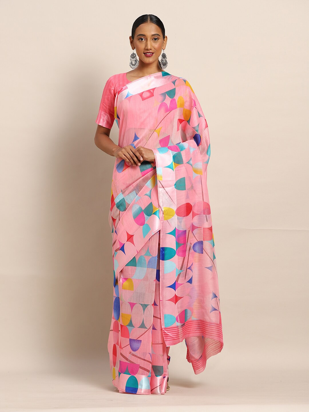 

Kvsfab Pink & Blue Linen Blend Saree
