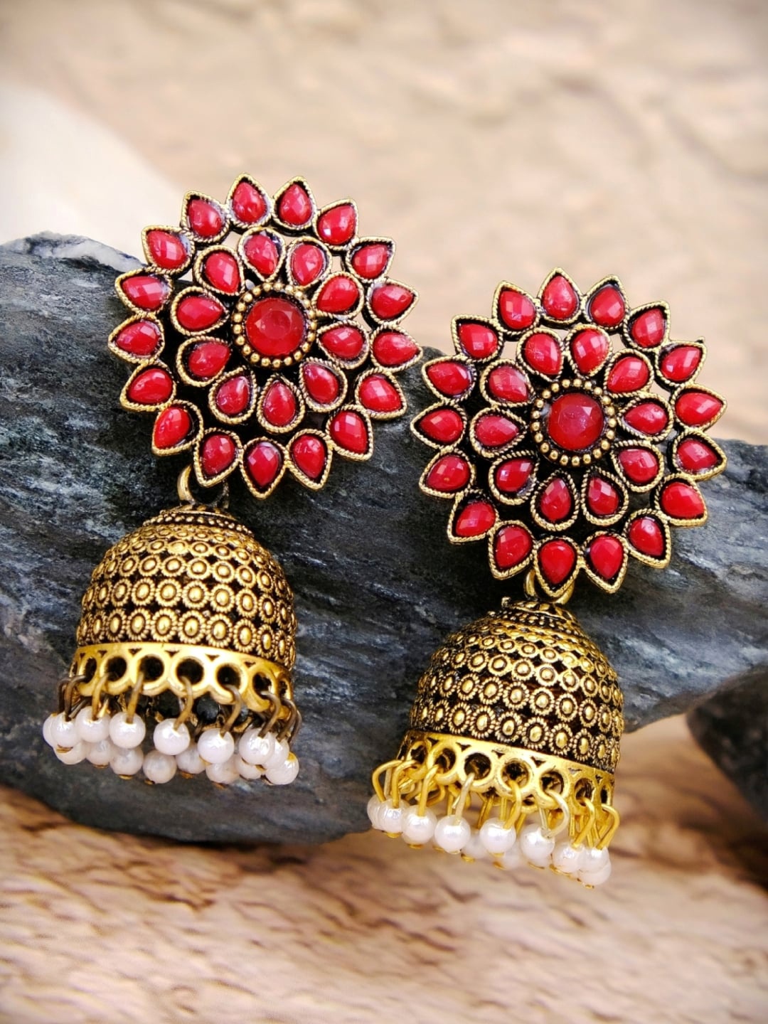

Crunchy Fashion Red Gold-Plated Handcrafted Dome Shaped Jhumkas Earrings