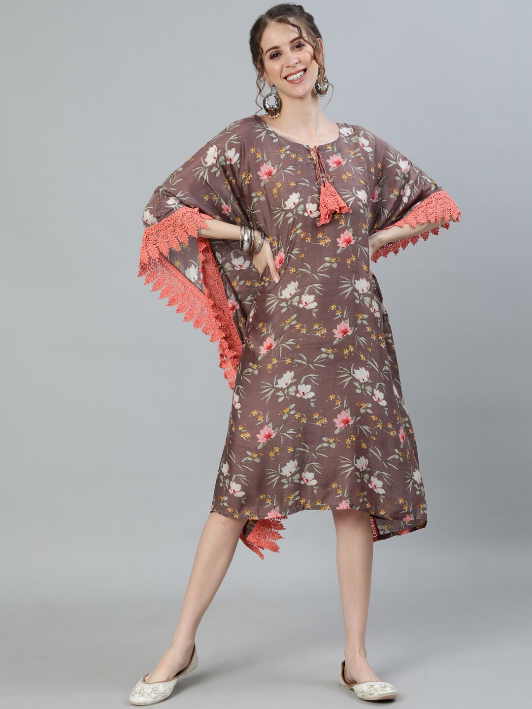 

Ishin Brown Floral Kaftan Midi Dress