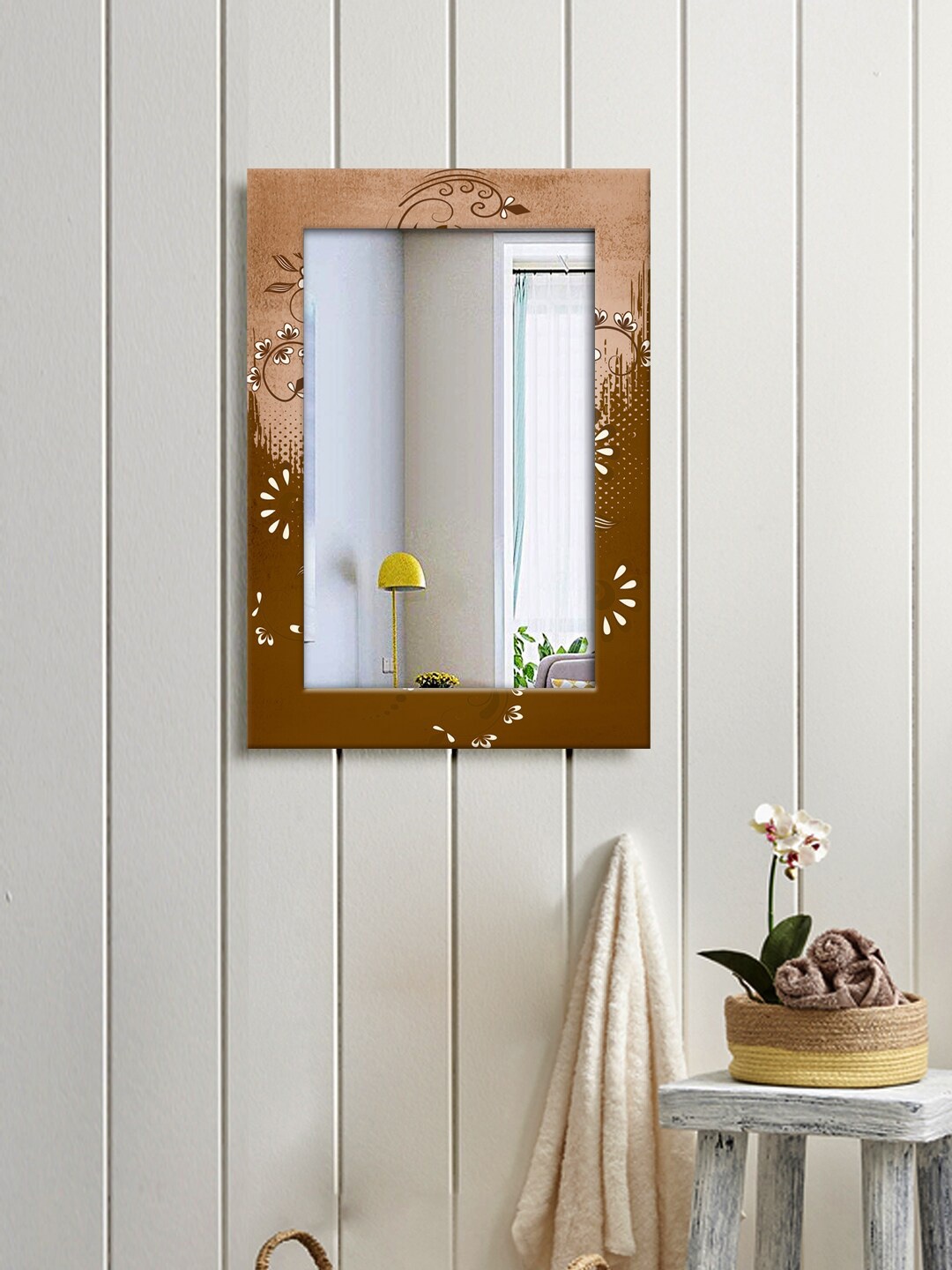 

999Store Brown & Beige Flower Wall Hanging Mirror