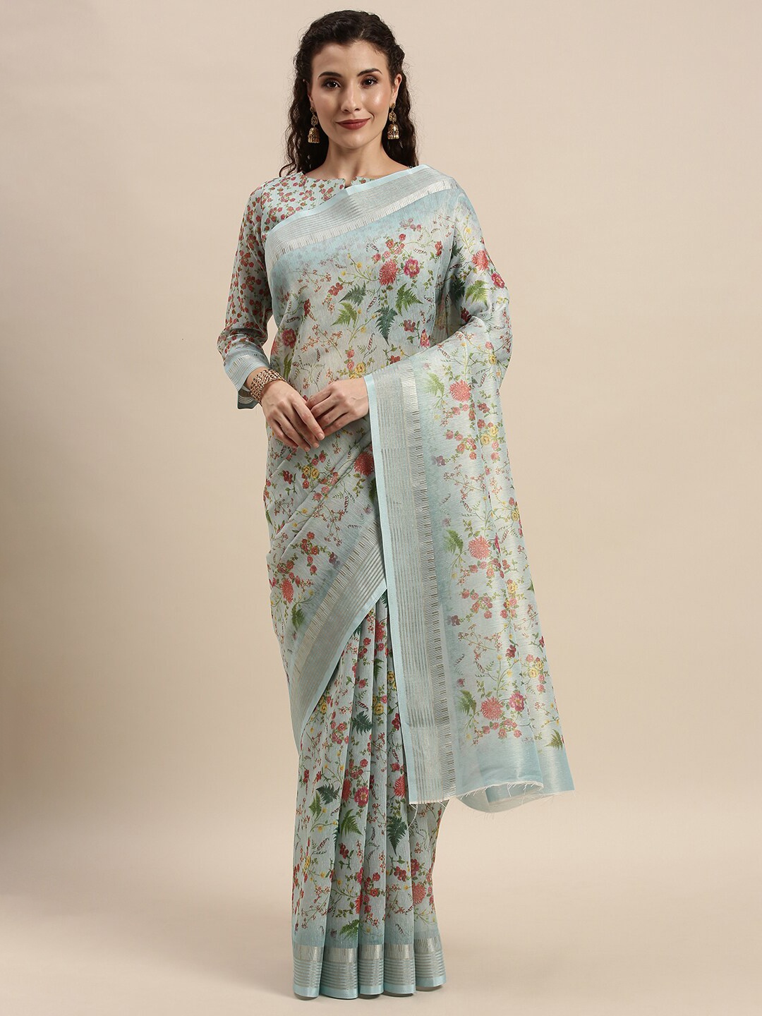 

Kvsfab Blue Floral Silk Cotton Saree